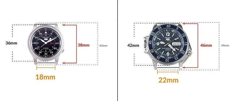 Kích thước dây đồng hồ seiko 5 là khác nhau